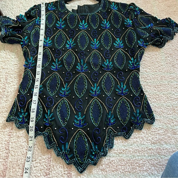 Vintage Silk Beaded Sequin Blouse Laurence Kazar SZ Petite Small Formal Holiday - Picture 8 of 9